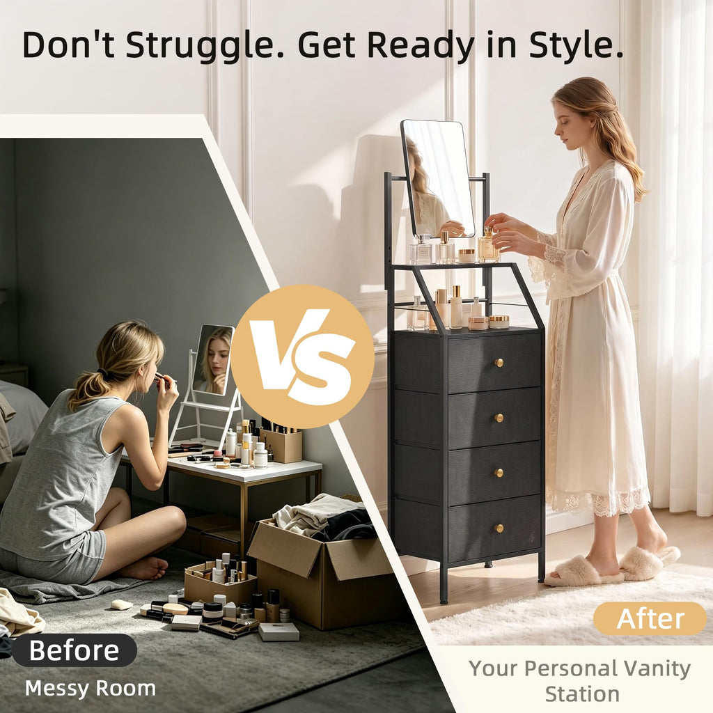 Black 4 Drawer Vanity Dresser with Adjustable Mirror R225