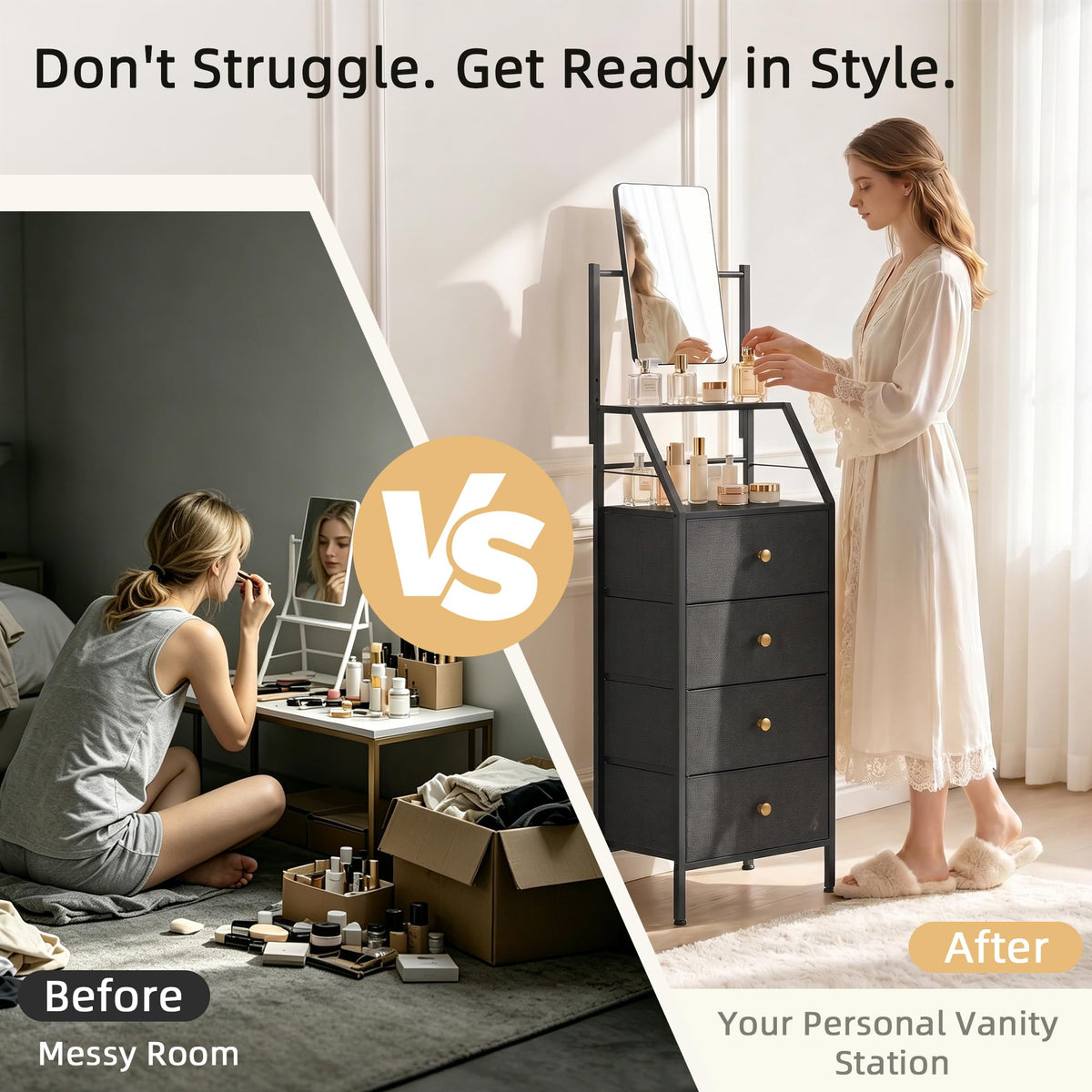 Black 4 Drawer Vanity Dresser with Adjustable Mirror R225