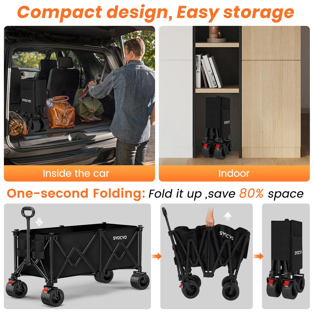 Foldable Collapsible Wagon with All-Terrain Wheels and Cup Holders, Black F159