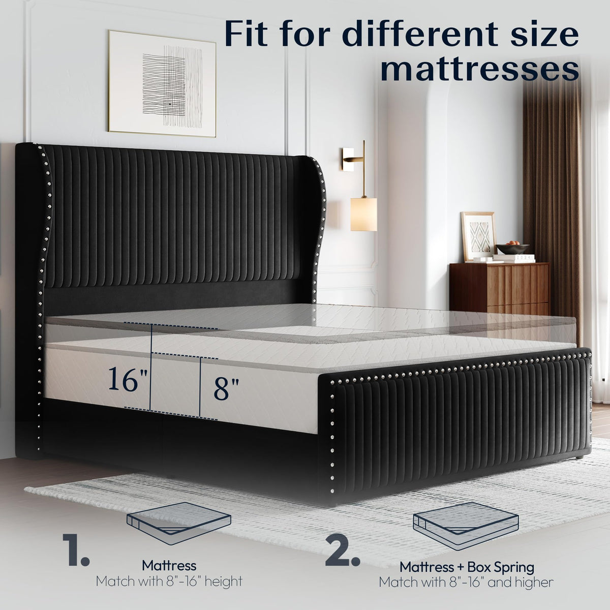 Queen Size Bed Frame with 55" Headboard Black O742