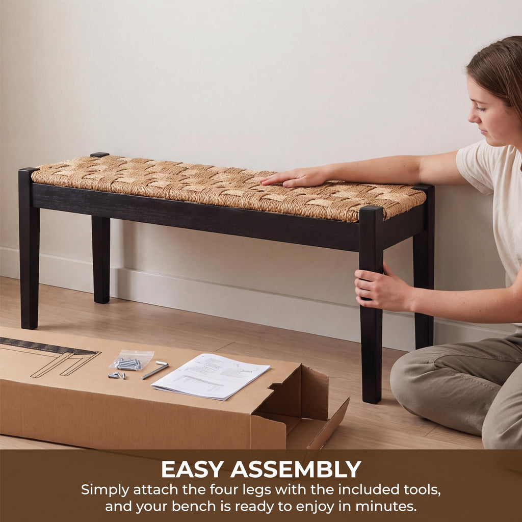 46-Inch Acacia Wood Entryway Bench with Woven Seagrass Seat B39690