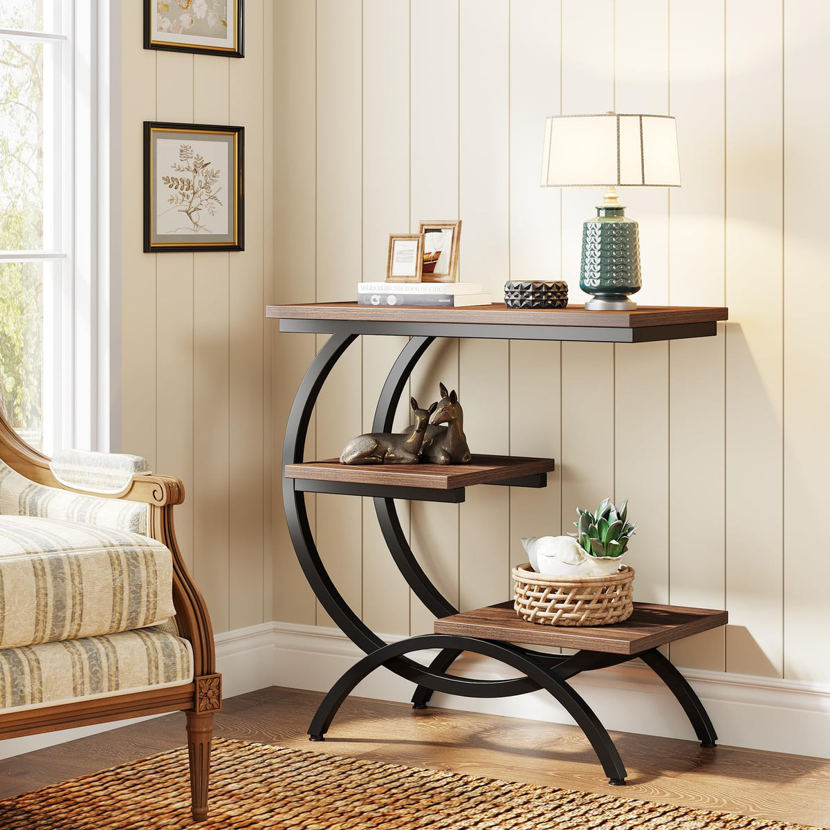 C-Shaped 3-Tier End Table with Curved Metal Frame D86036