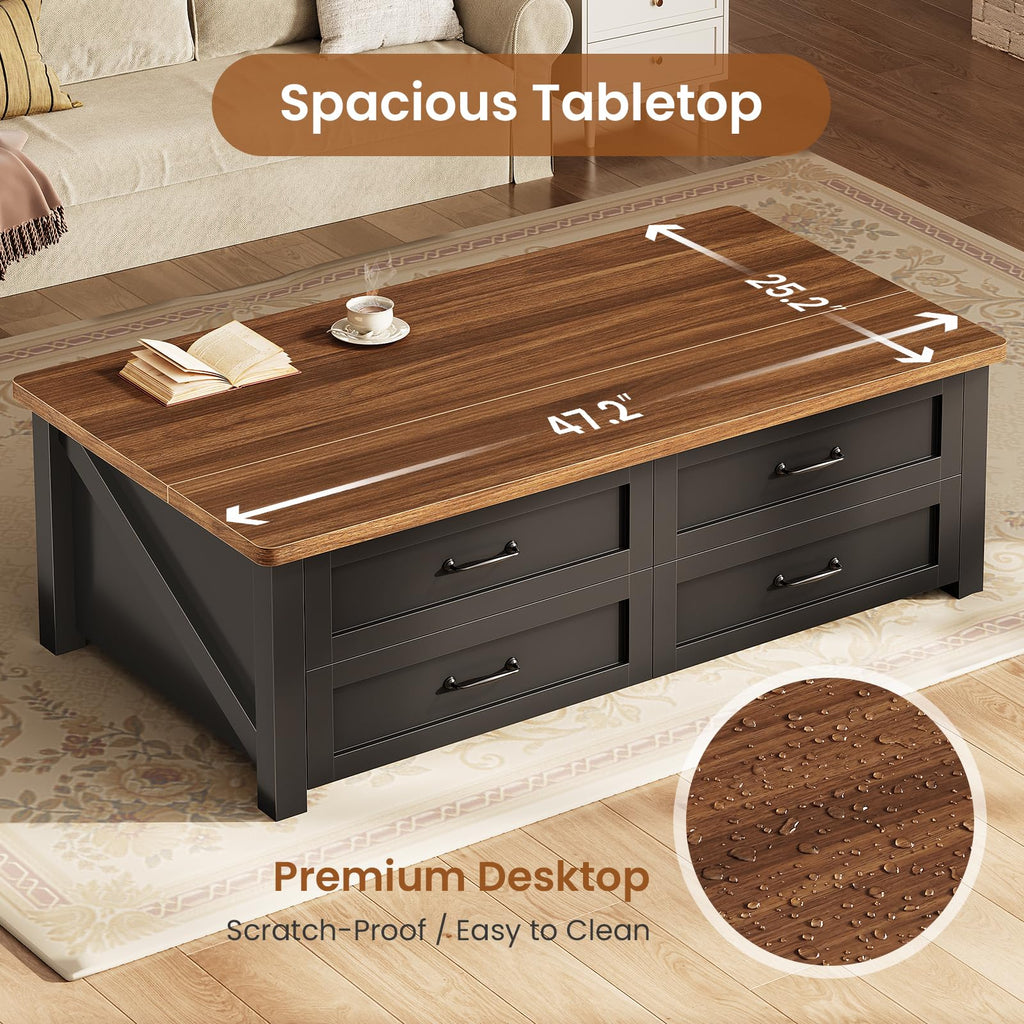 47.2" Lift Top Coffee Table with Storage, 4 Wood Drawers R8263