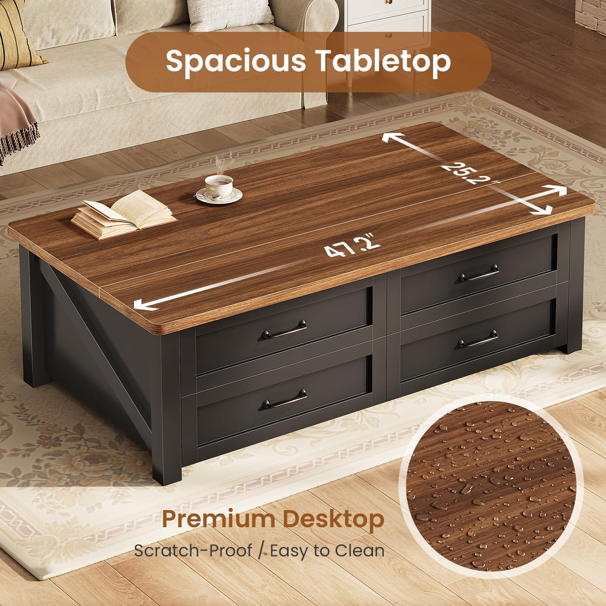47.2" Lift Top Coffee Table with Storage, 4 Wood Drawers R8263