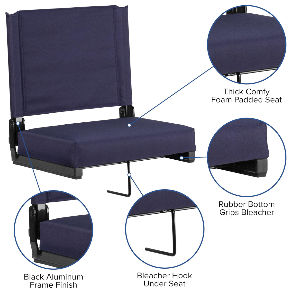 Portable Folding Padded Stadium Chair with Carrying Handle, Navy B3192