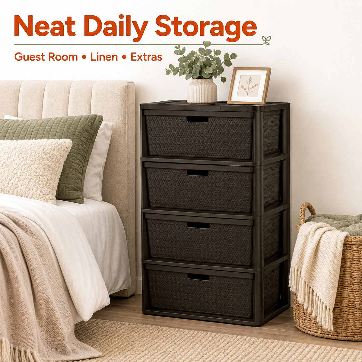 Brown 4 Drawer Plastic Storage Tower P404104