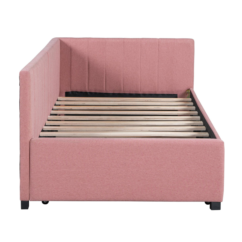 Pink Linen Fabric Twin Size Daybed with Trundle Y56192