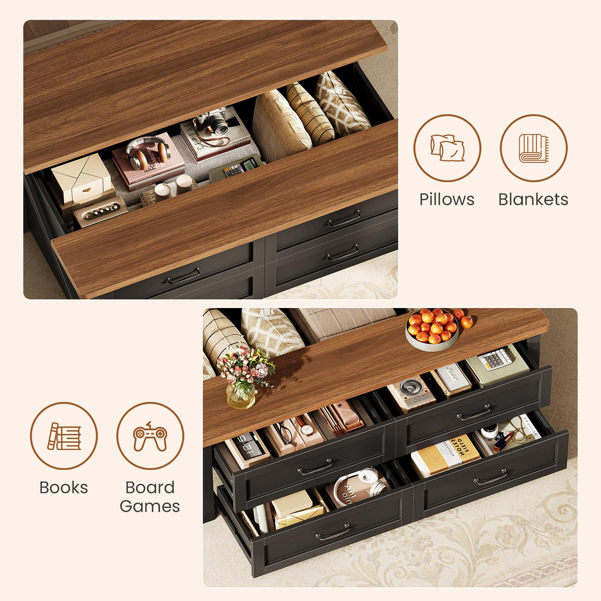 47.2" Lift Top Coffee Table with Storage, 4 Wood Drawers R8263