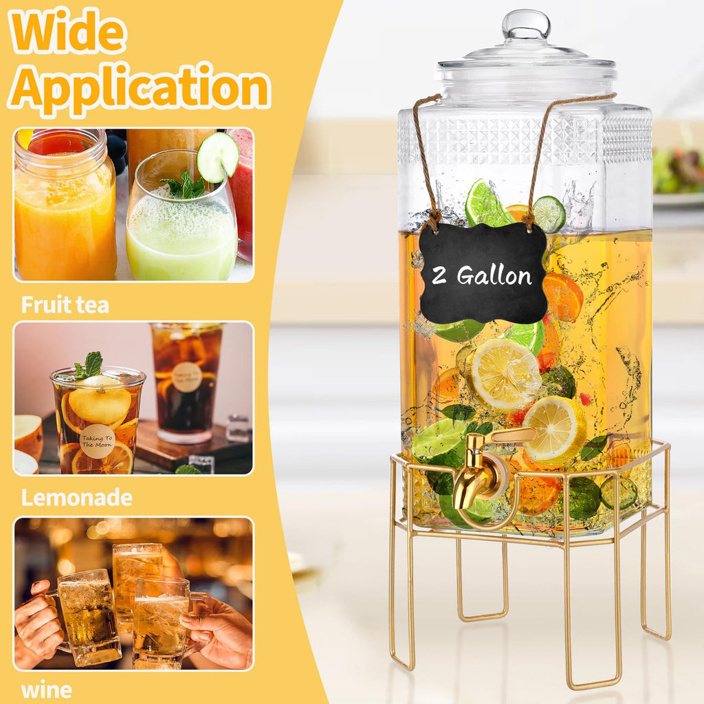 2 Gallon Drink Dispenser with Stand, Glass Lid and Stainless Steel Spigot R3494