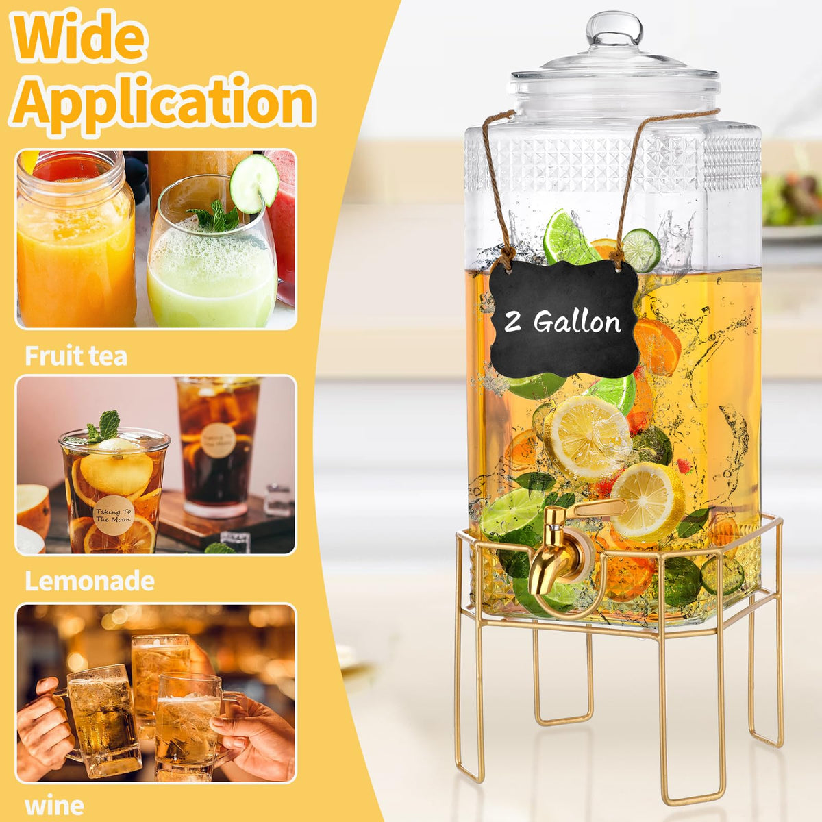 2 Gallon Drink Dispenser with Stand, Glass Lid and Stainless Steel Spigot R3494