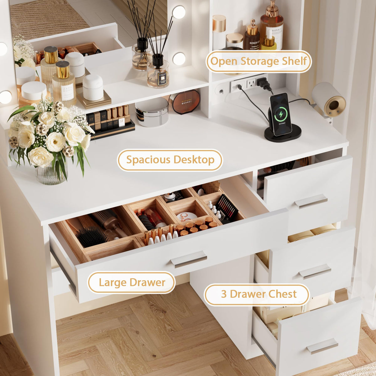 White Vanity Desk with Lighted Mirror and 4 Drawers I14871
