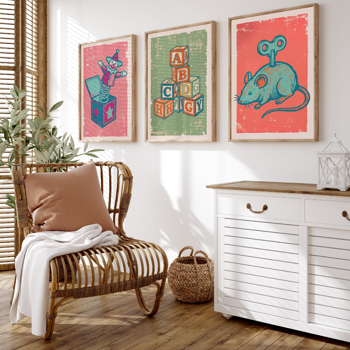 Art Prints Set of 3 Retro Linocut Style C9158