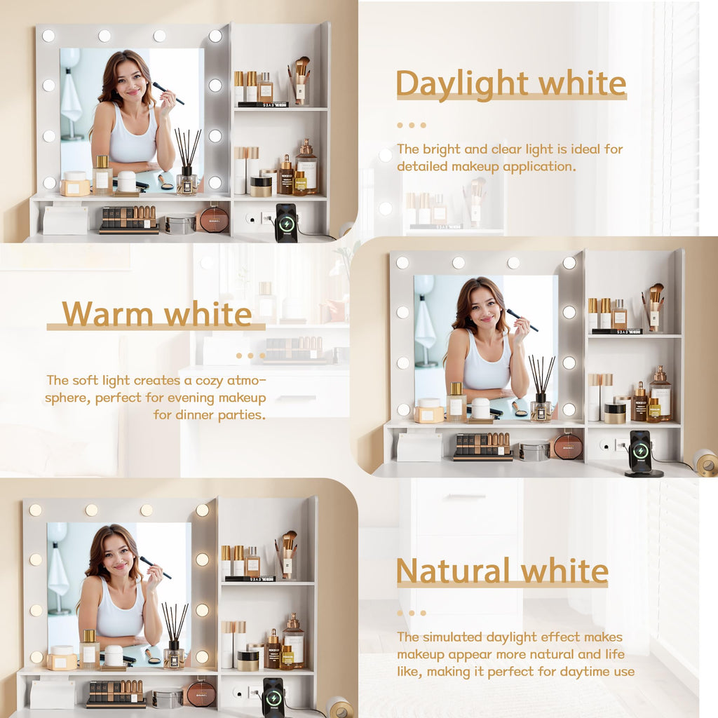 White Vanity Desk with Lighted Mirror and 4 Drawers I14871