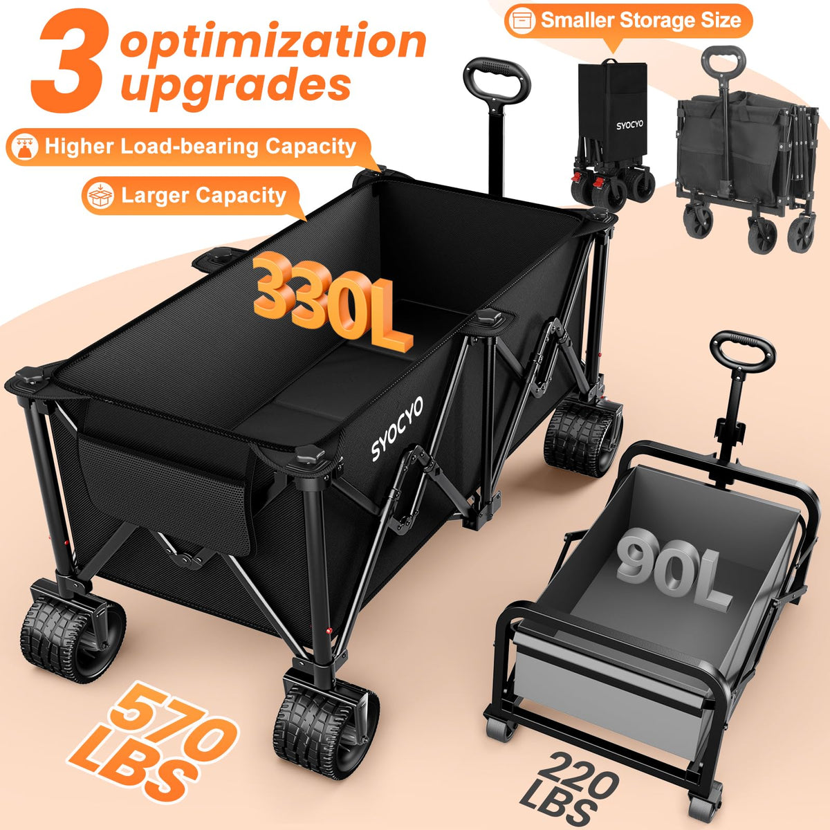 Foldable Collapsible Wagon with All-Terrain Wheels and Cup Holders, Black F159