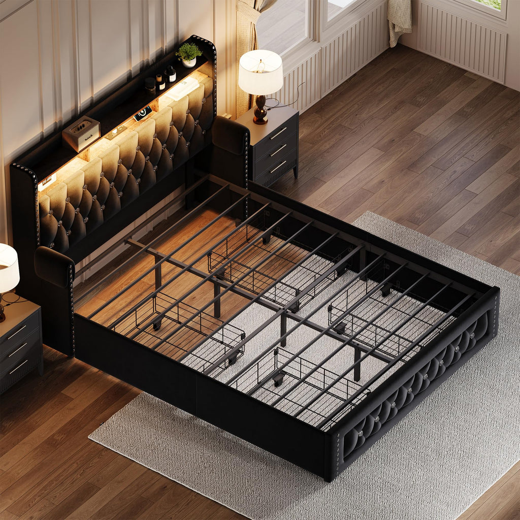 Queen Size Velvet Upholstered Platform Bed with 4 Storage Drawers W22970