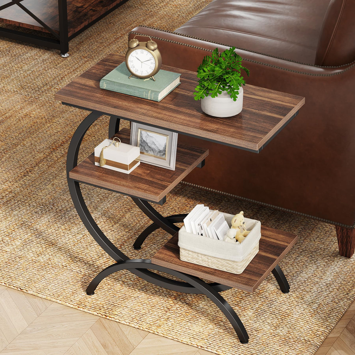 C-Shaped 3-Tier End Table with Curved Metal Frame D86036