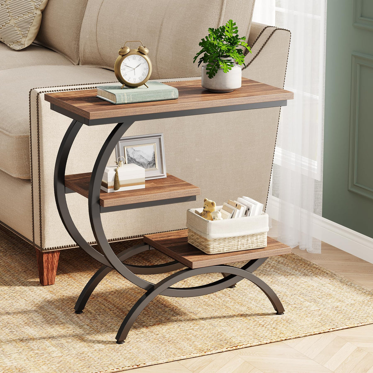 C-Shaped 3-Tier End Table with Curved Metal Frame D86036