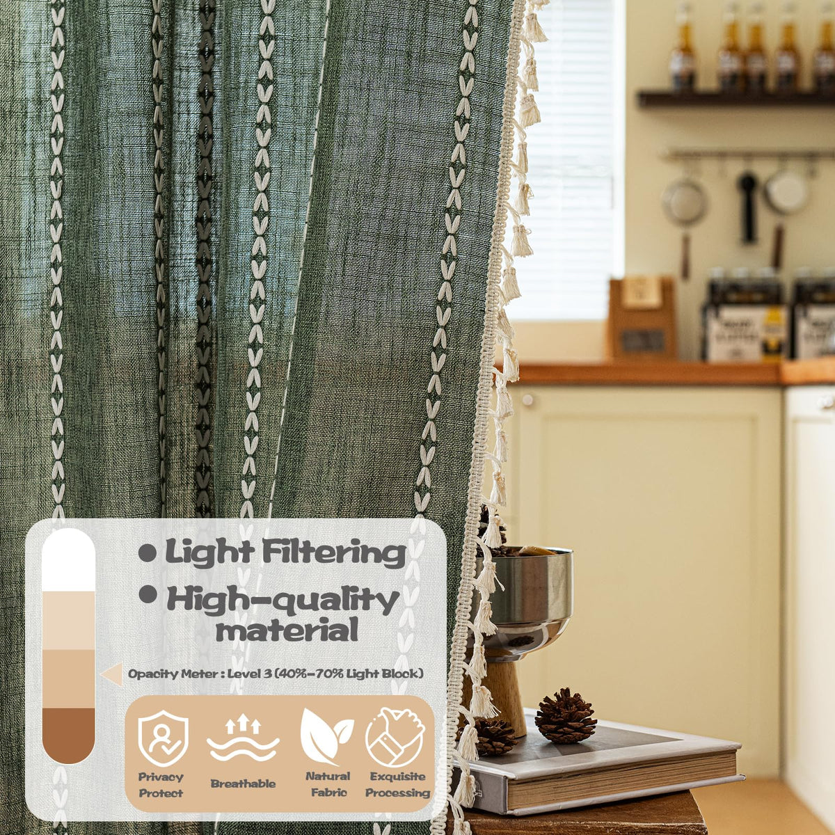 Boho Linen Tassles Light Filtering Door Curtains, Rod Pocket 1 Panel Olive Green T489