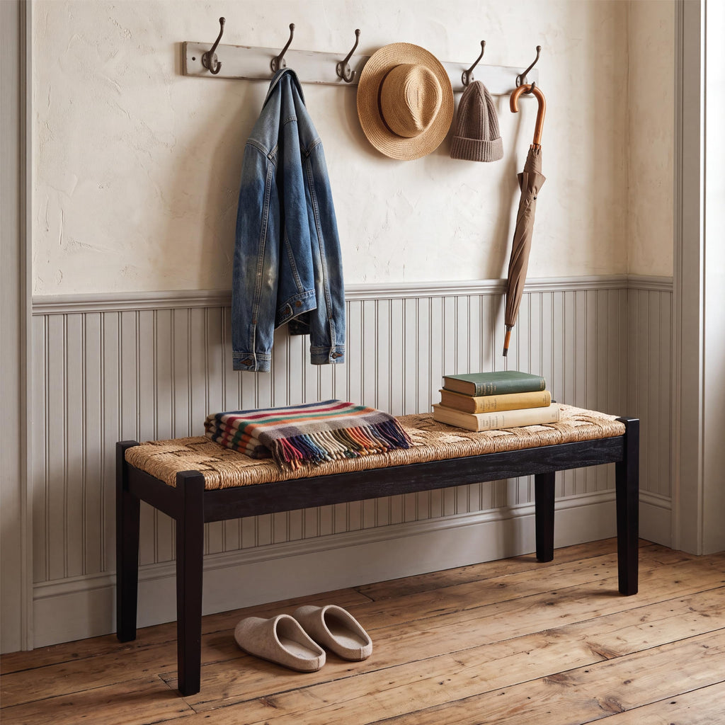 46-Inch Acacia Wood Entryway Bench with Woven Seagrass Seat B39690