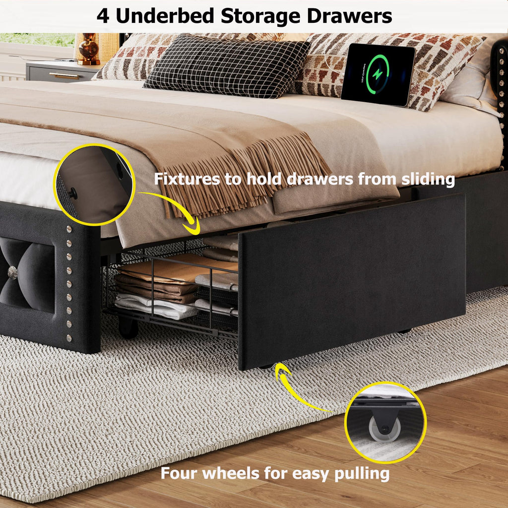 Queen Size Velvet Upholstered Platform Bed with 4 Storage Drawers W22970