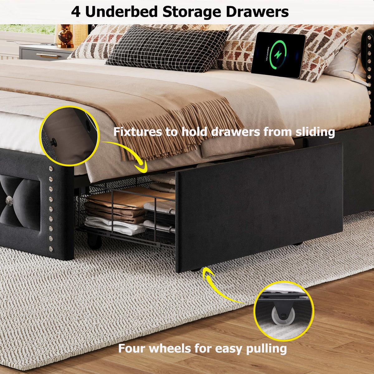 Queen Size Velvet Upholstered Platform Bed with 4 Storage Drawers W22970