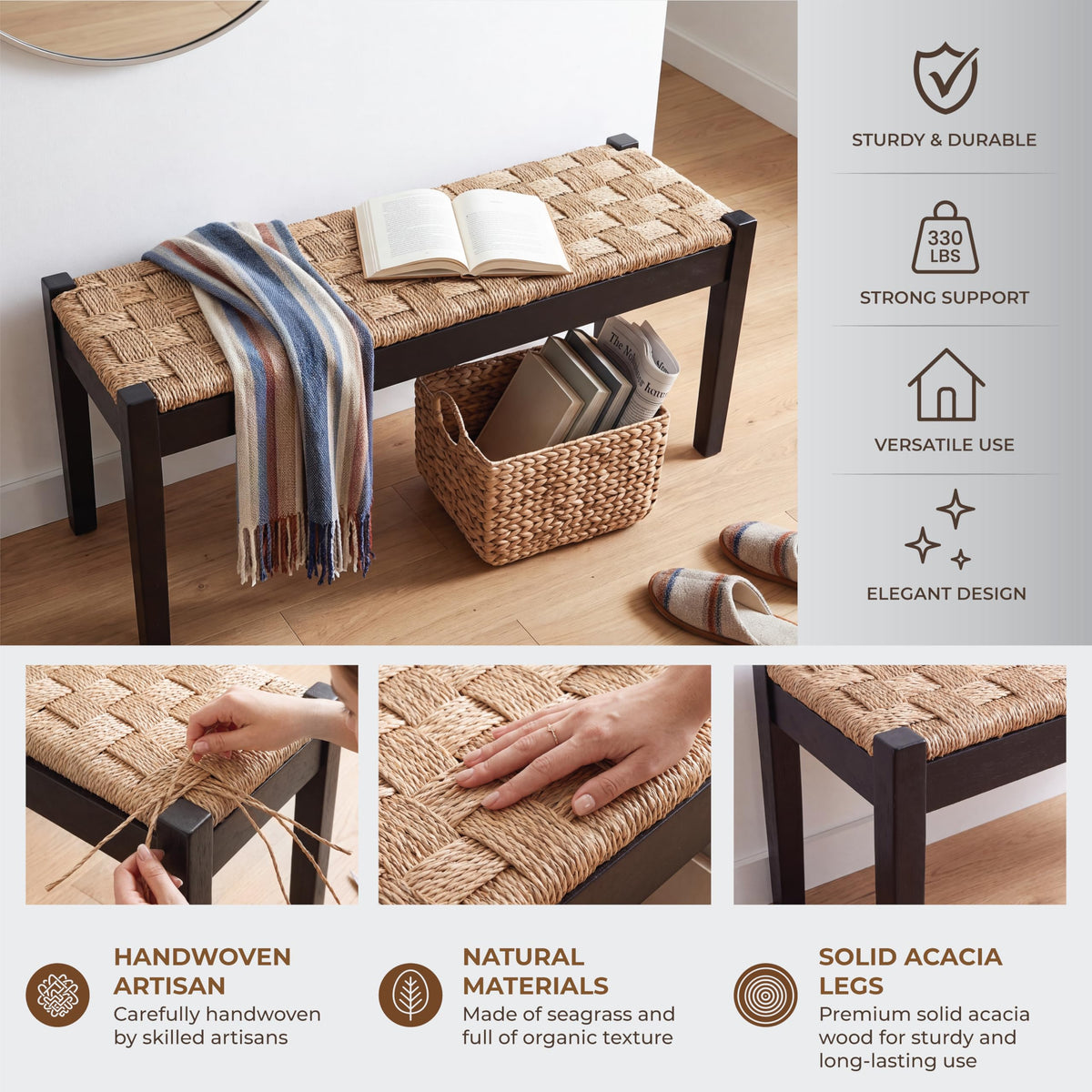 46-Inch Acacia Wood Entryway Bench with Woven Seagrass Seat B39690