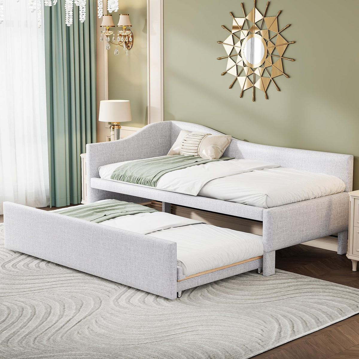Twin Size Upholstered Linen Daybed with Pop up Trundle V122