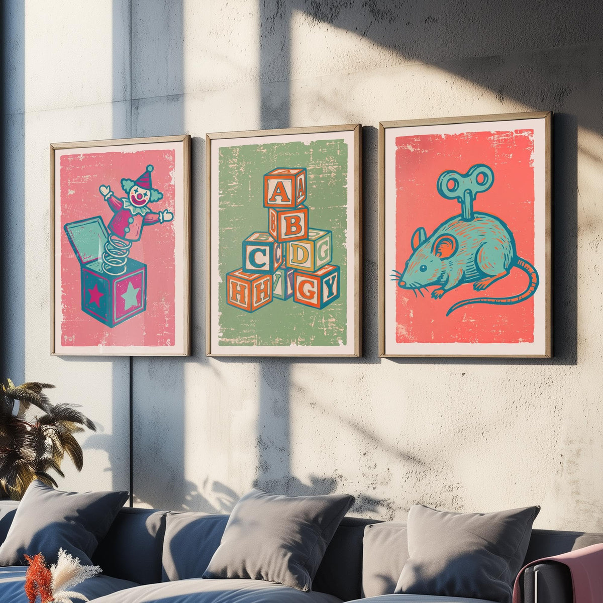 Art Prints Set of 3 Retro Linocut Style C9158