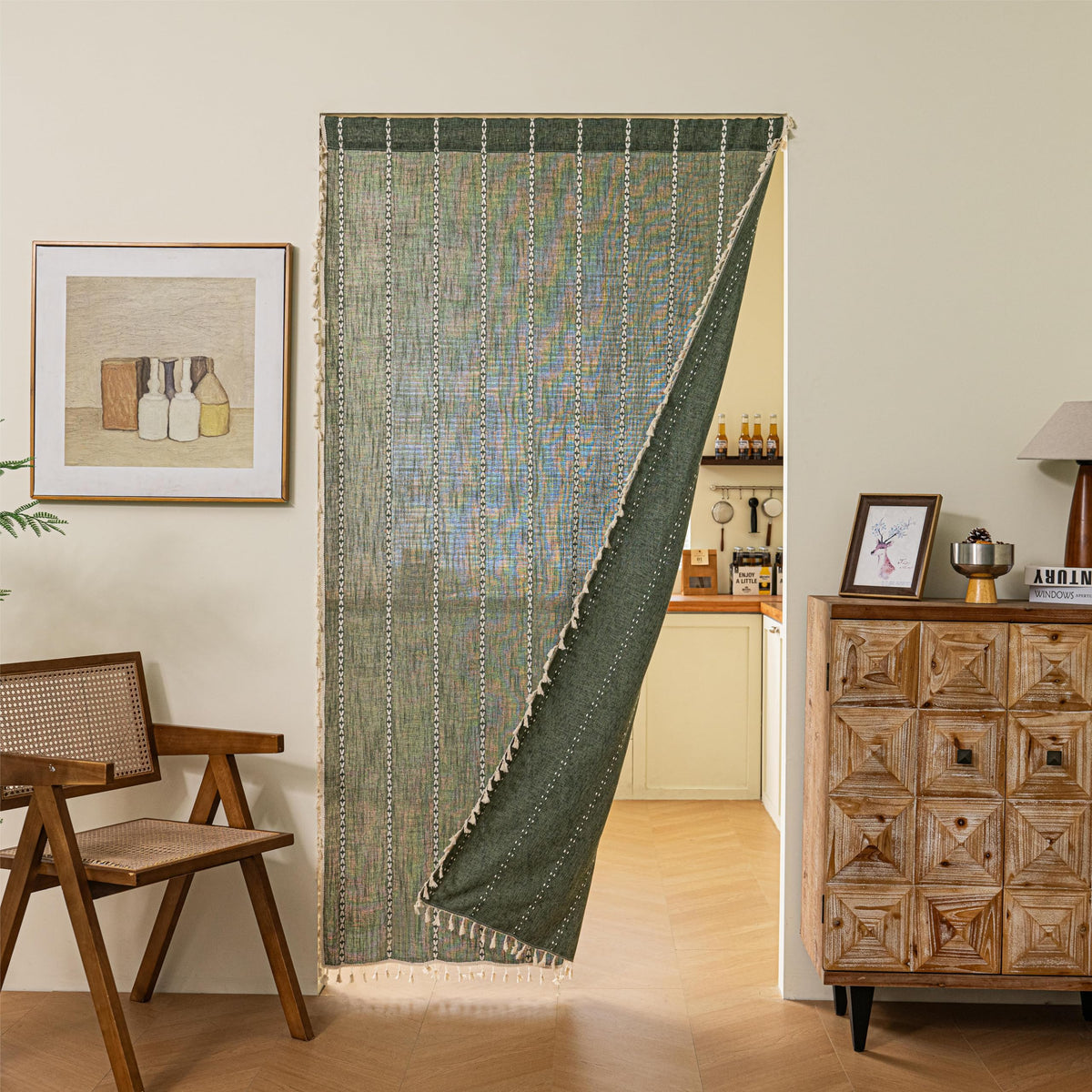 Boho Linen Tassles Light Filtering Door Curtains, Rod Pocket 1 Panel Olive Green T489