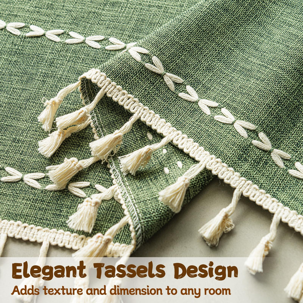 Boho Linen Tassles Light Filtering Door Curtains, Rod Pocket 1 Panel Olive Green T489