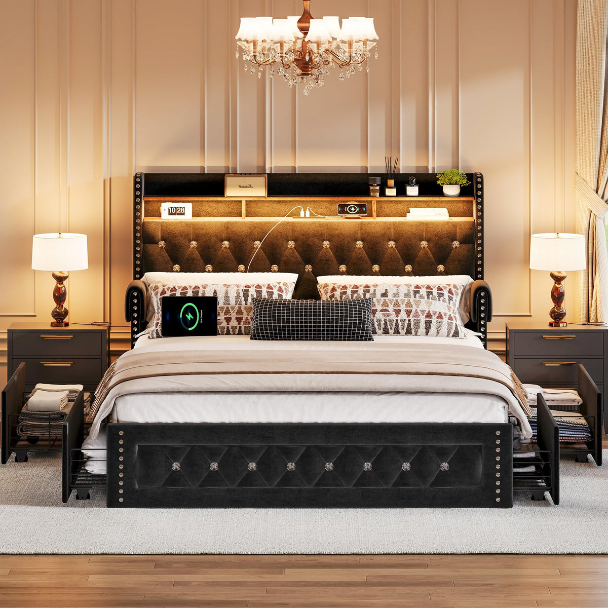 Queen Size Velvet Upholstered Platform Bed with 4 Storage Drawers W22970