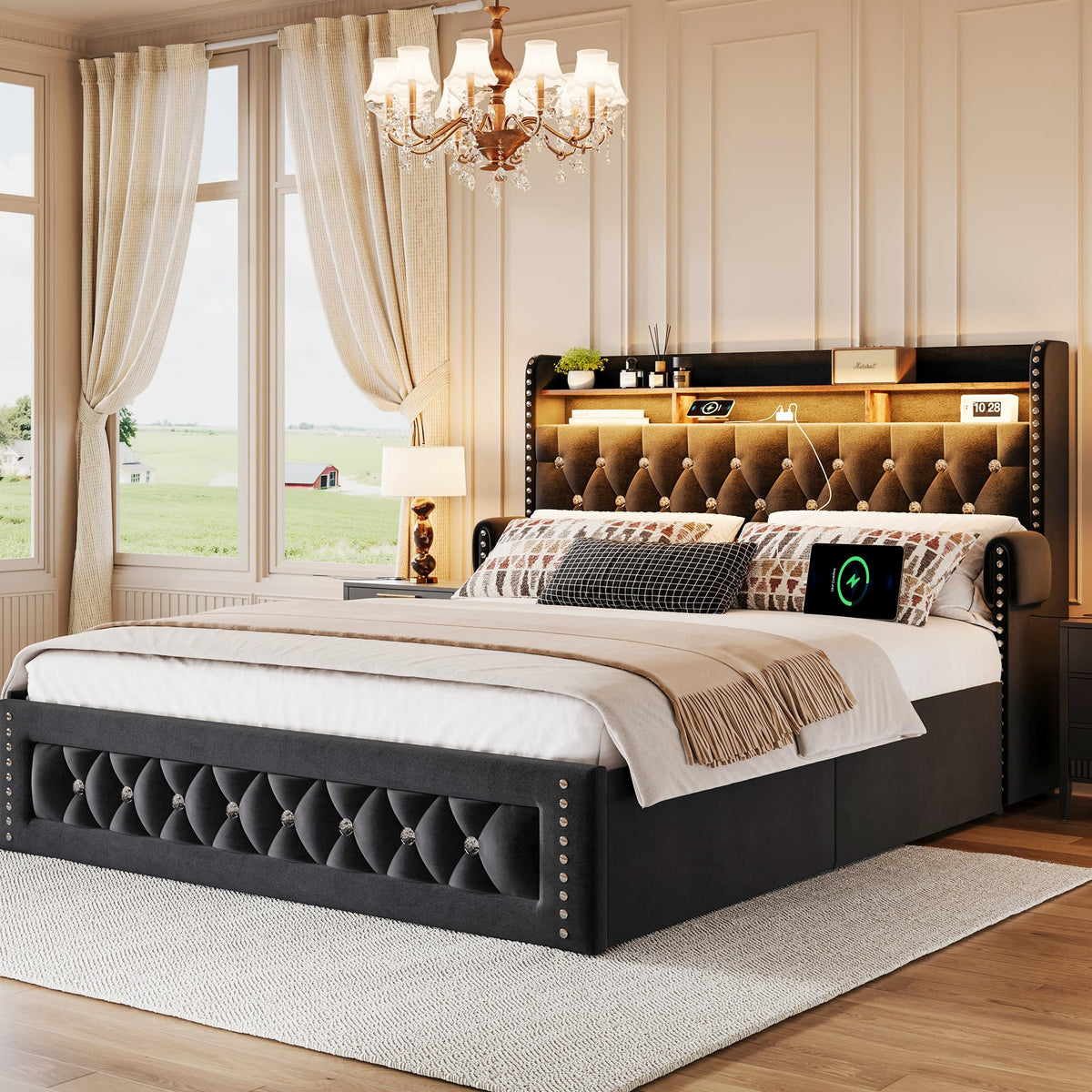 Queen Size Velvet Upholstered Platform Bed with 4 Storage Drawers W22970