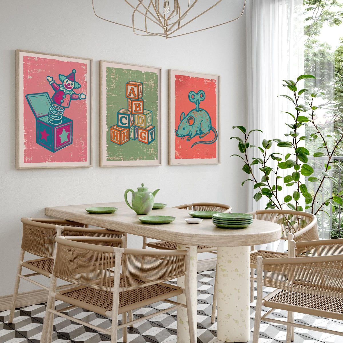 Art Prints Set of 3 Retro Linocut Style C9158