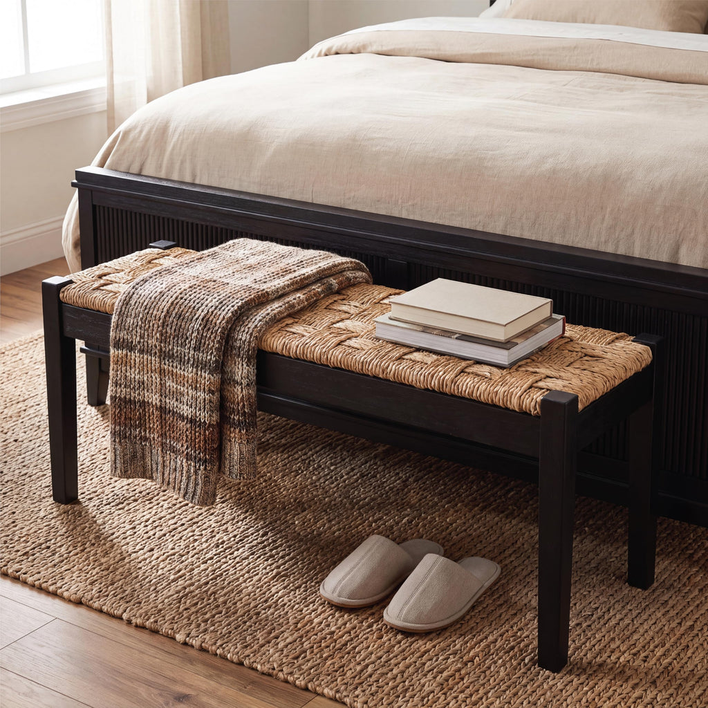 46-Inch Acacia Wood Entryway Bench with Woven Seagrass Seat B39690