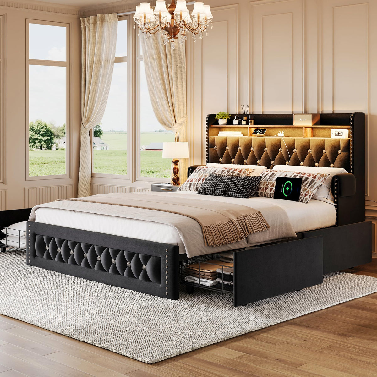 Queen Size Velvet Upholstered Platform Bed with 4 Storage Drawers W22970